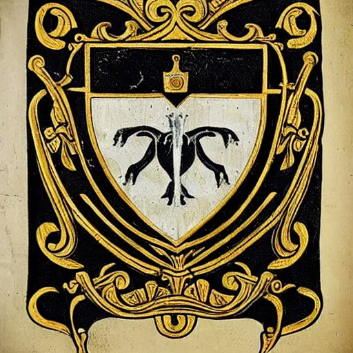 Prompt: “ medieval heraldry, white, black, gold, highly detailed, painted, realistic, historical, coat of arms, ”