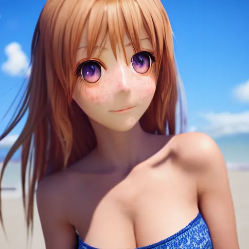 Prompt: Render of lovely 3d anime girl, long hair, hazel eyes, cute freckles, full round face, short smile, cute sundress, golden hour, serene beach setting, medium shot, mid-shot, highly detailed, trending on Artstation, Unreal Engine 4k