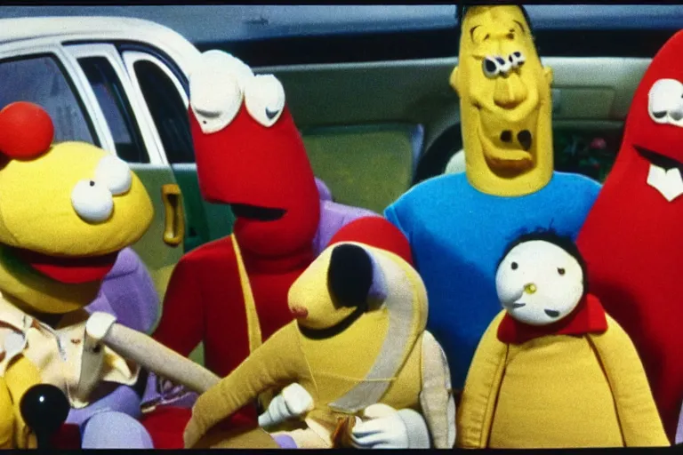 Prompt: color still frame from a surreal 1979 children's tv show with unpleasant banana sabotaging the family station wagon while sad cheese puppet cries helplessly