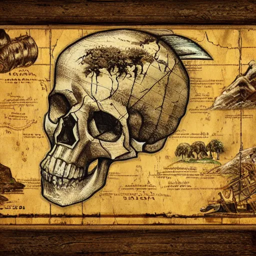 Prompt: old torn treasure map showing the treasure of skull island, pirates treasure map, high detail, high res, hyperrealistic, skull island