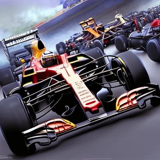 Prompt: formula 1 race, intricate, highly detailed, digital painting, artstation, concept art, smooth, sharp focus, illustration, Unreal Engine 5, 8K, art by artgerm and greg rutkowski and alphonse mucha