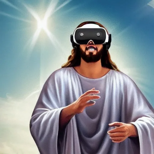 Image similar to jesus wearing a vr headset