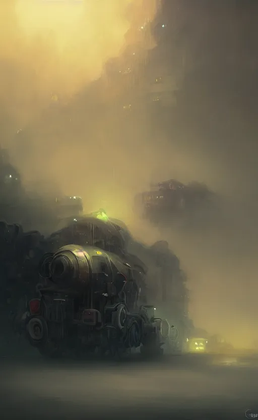 Prompt: a beautiful artwork illustration, concept art sketch of a mechanical vehicle, volumetric fog, godrays, high contrast, high contrast, high contrast, vibrant colors, vivid colors, high saturation, by Greg Rutkowski and Jesper Ejsing and Raymond Swanland, featured on artstation, wide angle, vertical orientation