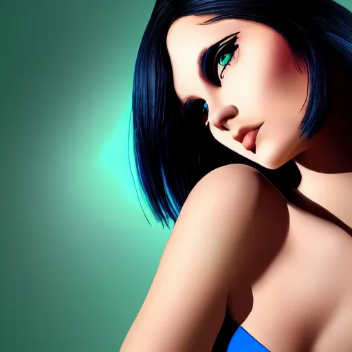 Image similar to photorealistic portrait of beautiful toxic girl, black hair, blue eyes, smooth face, glowing skin, detailed face, green colours, sharp focus