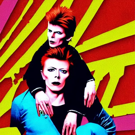 Prompt: david bowie from china girl getting a piggy back ride from ziggy stardust, digital art, glam rock. pop art background.