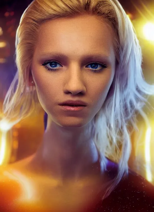 Image similar to closeup portrait of a blonde alien plejaren woman inside a spaceship wearing a space uniform, depth of field, zeiss lens, detailed, symmetrical, centered, fashion photoshoot, by annie leibovitz and steve mccurry, david lazar, jimmy nelsson, breathtaking, 8 k resolution, extremely detailed, beautiful, establishing shot, artistic, hyperrealistic, beautiful face, octane render