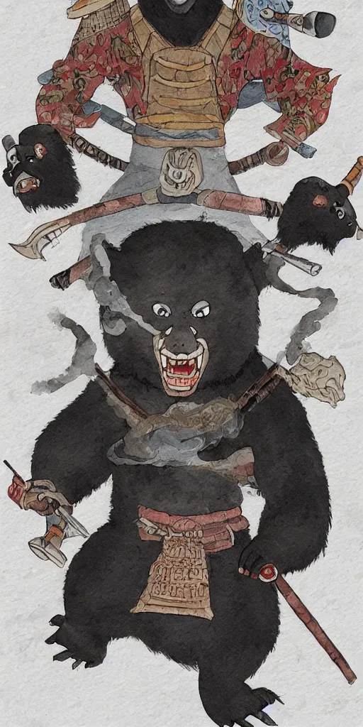 Image similar to anthropomorphic, half man half asian black bear, black bear samurai, Moon Bear Samurai, epic, samurai, illustration, watercolor, in the style of Studio Ghibli, Hayao Miyazak
