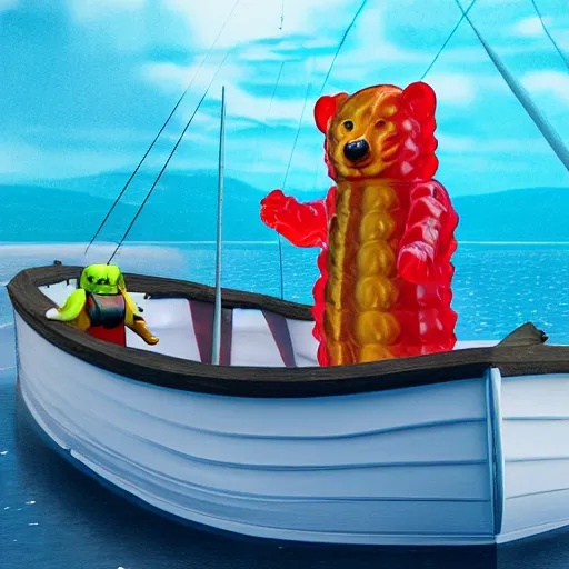 Image similar to life - sized gummi bear is deep sea fishing in a sportfisherman boat. he is fishing for swedish fish candy and using gummi worm candy as bait. photorealistic digital art, epic fantasy, dramatic lighting, cinematic, extremely high detail, cinematic lighting, trending, artstation, cgsociety, 3 d ue 5, 4 k, hq