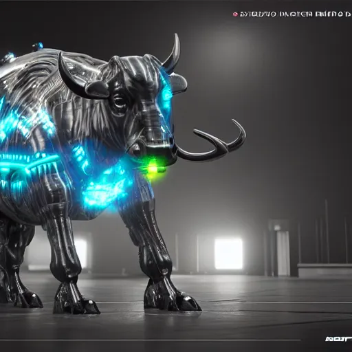 Prompt: a cybertronic buffalo-bull, leds, high detail, sharp, studio, digital art, octane render, redshift, blender-hard-surface, cinema-4d, houdini-hard-surface, machin3, mx2