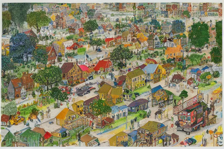 Image similar to an elaborate and dense painting of a peaceful neighborhood, detailed, made of alcohol ink on parchment and penned illustrations, by richard scarry and bosch