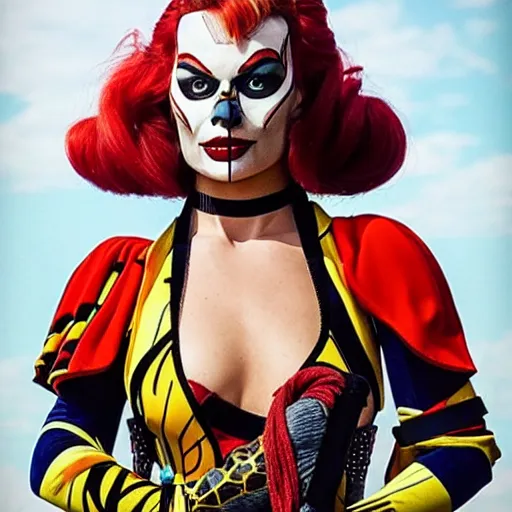 Prompt: photo of margot robbie as a harlequin warrior