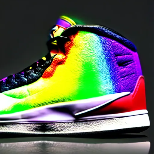 Prompt: photography of a realistic rainbow color air jordan sneaker, ultra detailed, 8 k, product view, white background