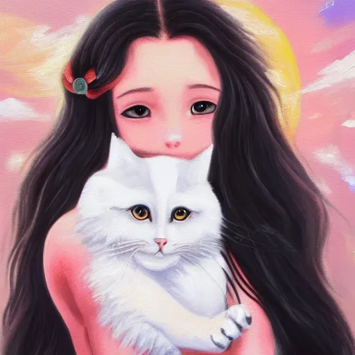 Image similar to a painting of a girl with long dark hair holding a cat in her arms, pexels contest winner, rasquache, high quality photo, rtx, hd, shiny eyes, a renaissance painting by sailor moon, anime, anime aesthetic