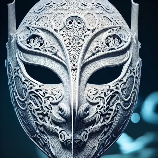 Prompt: an elaborate intricate mask made of water, rendered in octane, behance hd, bokeh backdrop