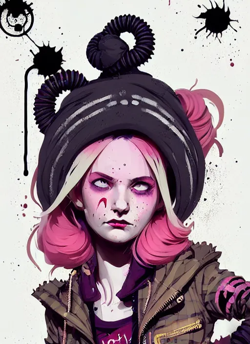 Image similar to highly detailed portrait of a sewer punk lady, tartan hoody, blonde ringlet hair by atey ghailan, by greg rutkowski, by greg tocchini, by james gilleard, by joe fenton, by kaethe butcher, gradient magenta, black, blonde cream and white color scheme, grunge aesthetic!!! ( ( graffiti tag wall background ) )