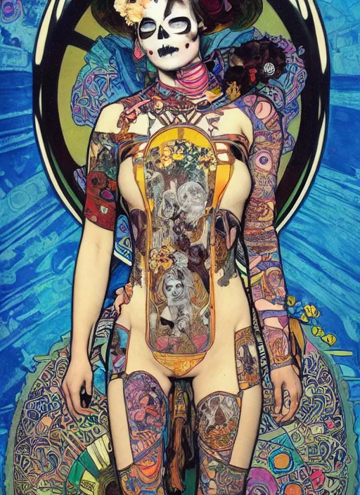 Prompt: cute punk goth fashion fractal Día de los Muertos tattooed girl posing in a astronaut suit, psychedelic poster art of by Victor Moscoso Rick Griffin Alphonse Mucha Gustav Klimt Ayami Kojima Amano Charlie Bowater, masterpiece