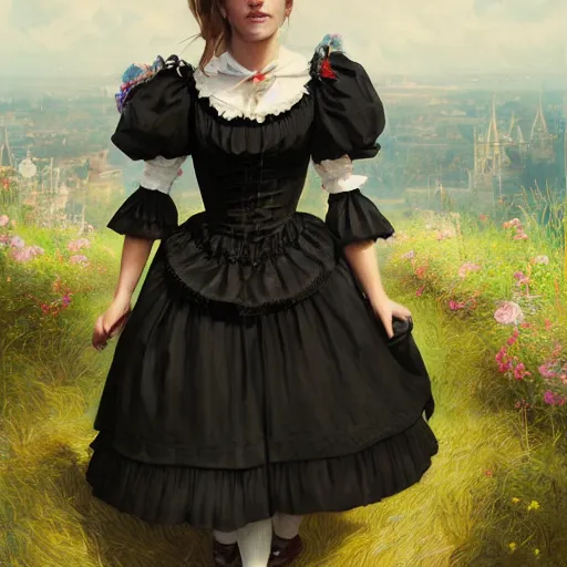 Image similar to highly detailed painting of emma watson wearing a black cat lolita maid dress, stephen bliss, 8 k, by greg rutkowski, artgerm, loish, rhads, global illumination, detailed and intricate environment