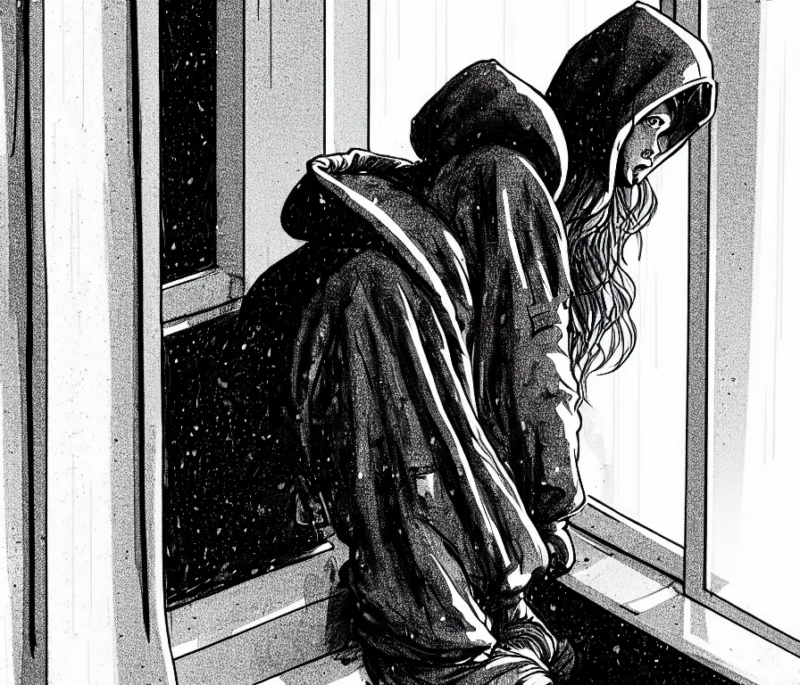 Image similar to sadie sink in hoodie, knees tucked in, sits on windowsill, | rain falls at night : b & w storyboard drawing, scifi cyberpunk. by gabriel hardman, joe alves, chris bonura. cinematic atmosphere, detailed and intricate, perfect anatomy