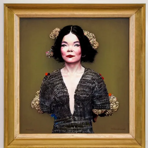 Image similar to a portrait painting of Bjork. Painted by Norman Rockwell