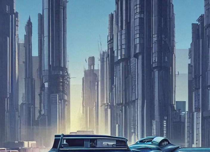 Image similar to a car driving down a street next to tall buildings the night at 10:00 am, cyberpunk art by Chesley Bonestell, cgsociety, retrofuturism, matte painting, reimagined by industrial light and magic