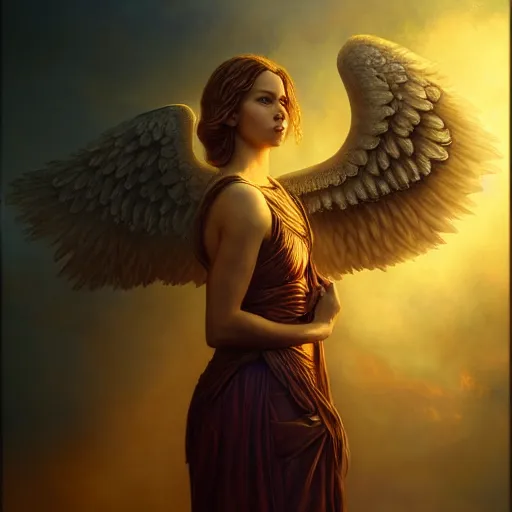 Image similar to majestic gracious regal female angel portrait, ancient greece, atmospheric lighting, painted, intricate, volumetric lighting, beautiful, rich deep colours masterpiece, golden hour, golden ratio, sharp focus, ultra detailed, by leesha hannigan, ross tran, thierry doizon, kai carpenter, ignacio fernandez rios