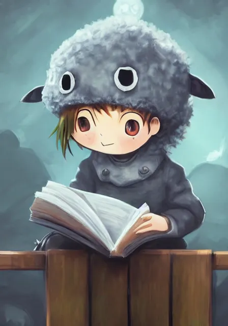 Prompt: beautiful little boy wearing sheep suit reading a book while sitting on chair, gray, blue, green and brown pallet color. made in abyss art style, inspired in kris from deltarrune, cute detailed artwork, anatomically correct, soft details, ilya kuvshinov, reflection, perfect composition, mobile wallpaper, low illumination