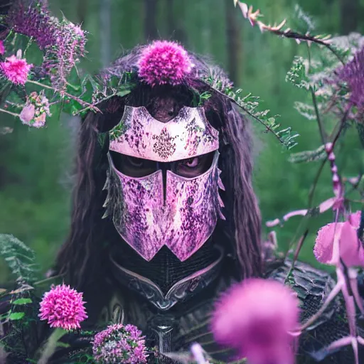 Image similar to a male knight, stern face, clear eyes, in a dark forest, shining armour made of steel and flowers, and fractal flowery hair in a fractal garden, glowing delicate flower, berries and ferns that grow in a dark fantasy forest, full frame,