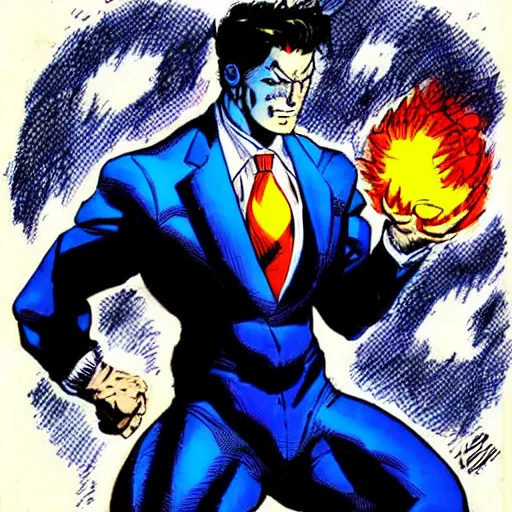 Image similar to a man in a blue suit standing in front of a fire ball, a comic book panel by jim lee, featured on deviantart, rayonism, dc comics, apocalypse art, parallax