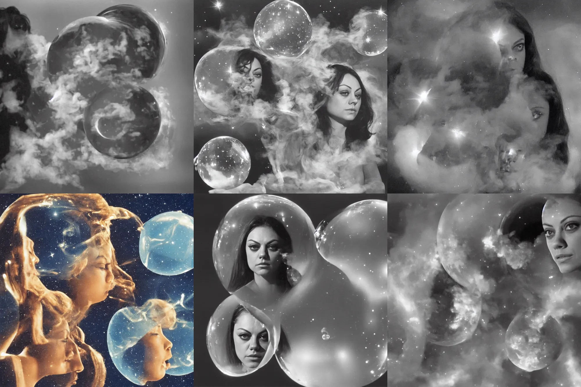 Image similar to smirking 1970 Mila Kunis reflected in a reflective bubble, puffs of smoke, The Stars My Destination, Ludek Pesek, Rick Guidice, Chesley Bonestell, Lucien Rudaux, Rolf Klep, Fred Freeman, George Pal