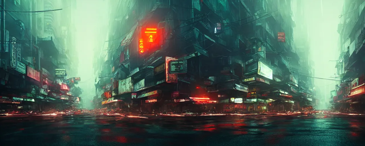 Prompt: saigon street in blade runner world, by Ash Thorp, ultra realistic, octane render, moody lighting, Neil Blomkamp cinematography