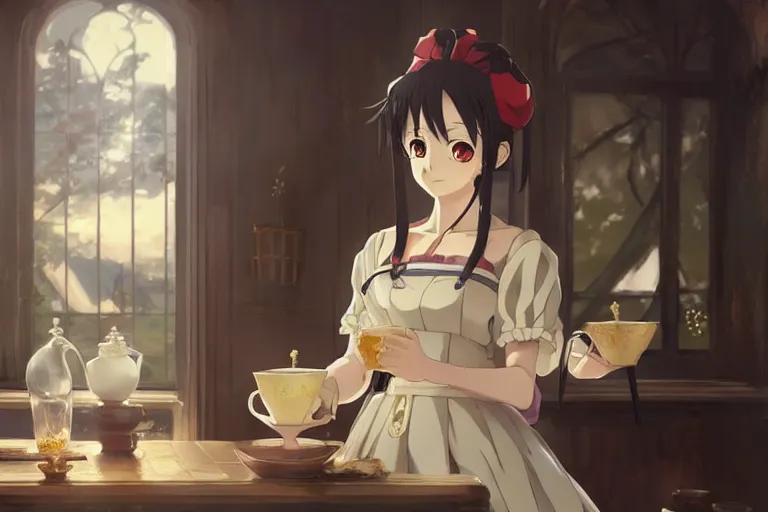 Prompt: anime key visual concept art of anime maid pouring tea gracefully, medieval european style noble manor interior, trending on artstation, brush strokes, oil on canvas, style of kawacy and makoto shinkai and greg rutkowski and studio ghibli