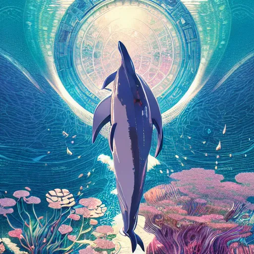 Image similar to a beautiful hyperdetailed character design 4 k wallpaper illustration of a cute dolphin, ciyt by the sea, victo ngai cyberpunk style, from china, style of studio ghibli, makoto shinkai, raphael lacoste, louis comfort tiffany, artgerm, james jean, ross tran, chinese style