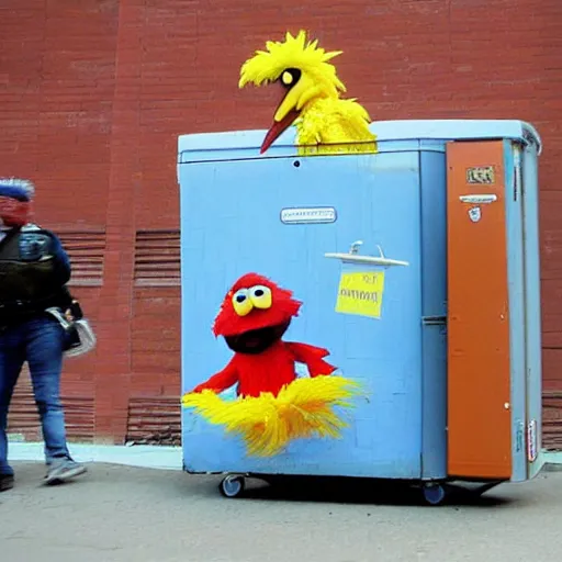 Prompt: big bird sesame street running from the police carrying a fridge