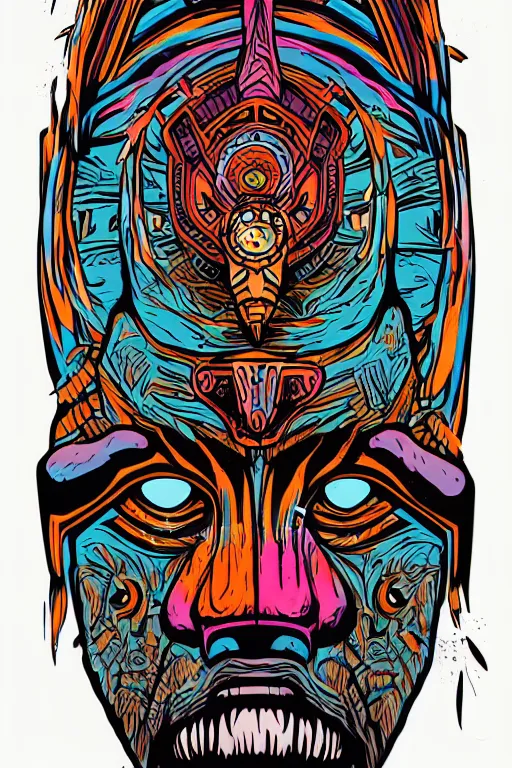 Image similar to totem animal mask tribal feather gemstone plant wood rock shaman vodoo video game vector cutout illustration vivid multicolor borderlands comics by josan gonzales and dan mumford radiating a glowing aura