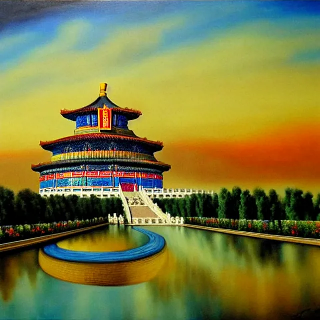 Image similar to a beautiful painting cyberpunk beijing imperial palace, temple of heaven, great wall, by salvador dali realistic oil painting