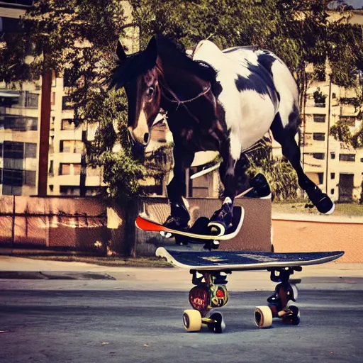 Image similar to a horse wearing 90's cool kid clothing doing a kick flip on a skateboard