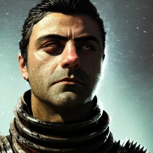 Image similar to oscar isaac portrait, dystopia core, apocalyptic, armor, warrior, dramatic, sharp focus, fiction, neon, fantasy, hyper detailed, digital art, trending in artstation, cinematic lighting, studio quality, smooth render, unreal engine 5 rendered, octane rendered, art style and nixeu and wlop and krenz cushart