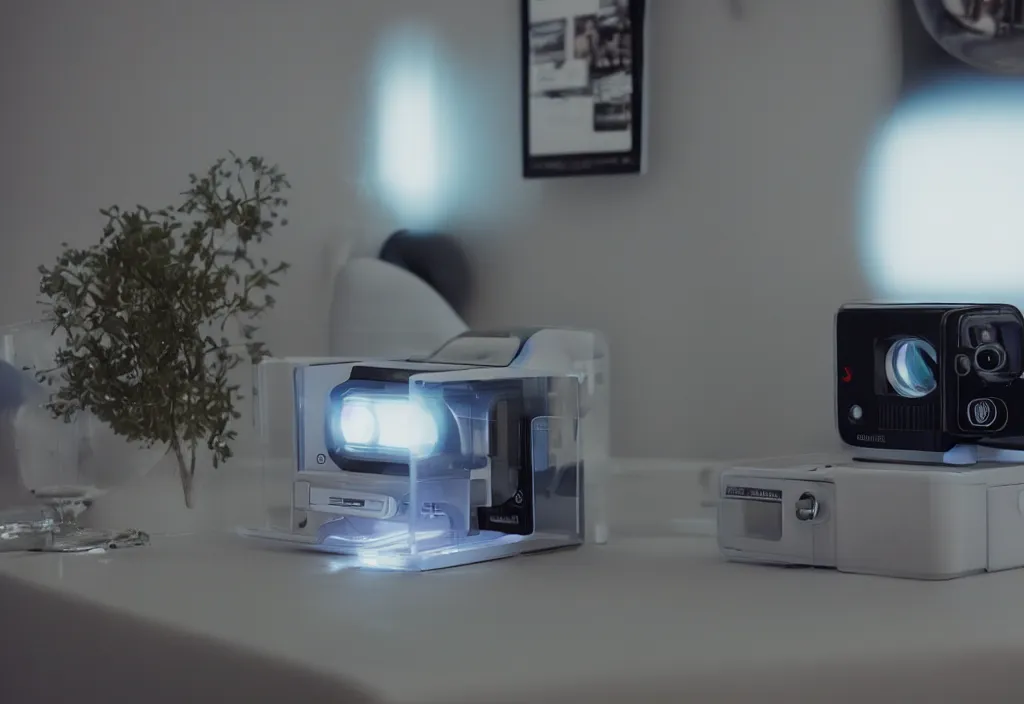 Image similar to curved transparent video, volumetric lighting, bedroom, visor, users, pair of keycards on table, bokeh, creterion collection, shot on 7 0 mm, instax