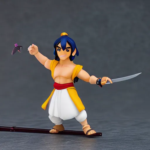 Prompt: side view of aladdin as nendoroid walking with arabic sword, 8 k hd dof, kodak film,