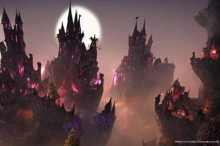 Prompt: big evil fairy castle - city rock dark shadow elves, might and magic heroes 7, dark fantasy, shadows, artstation trending, unreal engine 5, red