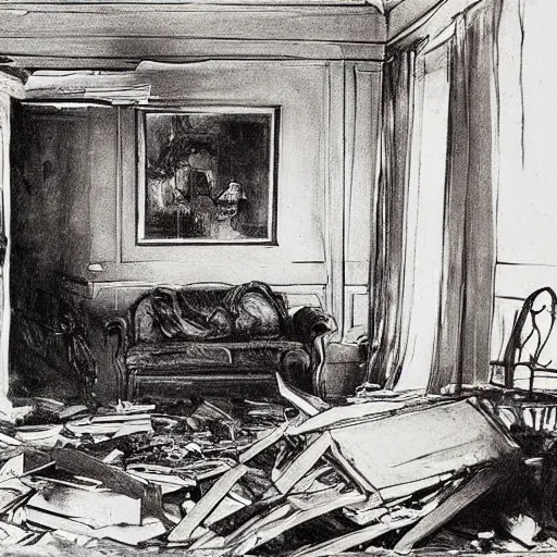 Image similar to dignified, decorative by anders zorn ink drawing, illuminated manuscript. a painting of a room that is wrecked, furniture overturned, belongings strewn about, & debris everywhere. the only thing left intact is a photograph on the wall shows a tidy, well - appointed space, with everything in its place.