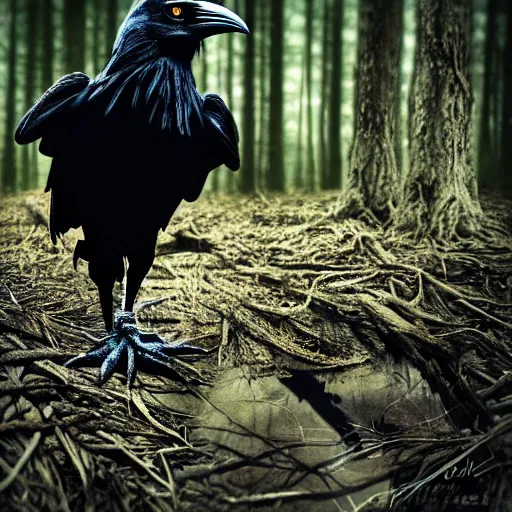 Prompt: werecreature consisting of a crow and a human, photograph captured in a dark forest