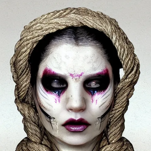 Image similar to portrait of a Shibari rope wrapped face and neck, headshot, insanely nice professional hair style, dramatic hair color, face paint half and half, digital painting, of a old 17th century Black Nun, amber jewels, baroque, ornate clothing, scifi, realistic, hyperdetailed, chiaroscuro, concept art, art by Franz Hals and Jon Foster and Ayami Kojima and Amano and Karol Bak,