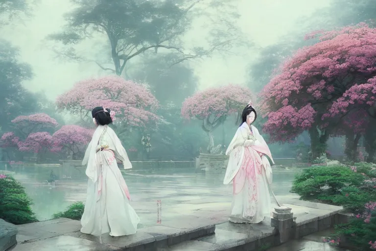 Prompt: a beautiful picture of peony in full bloom, palace ， a girl in hanfu, by greg rutkowski and thomas kinkade, trending on artstation