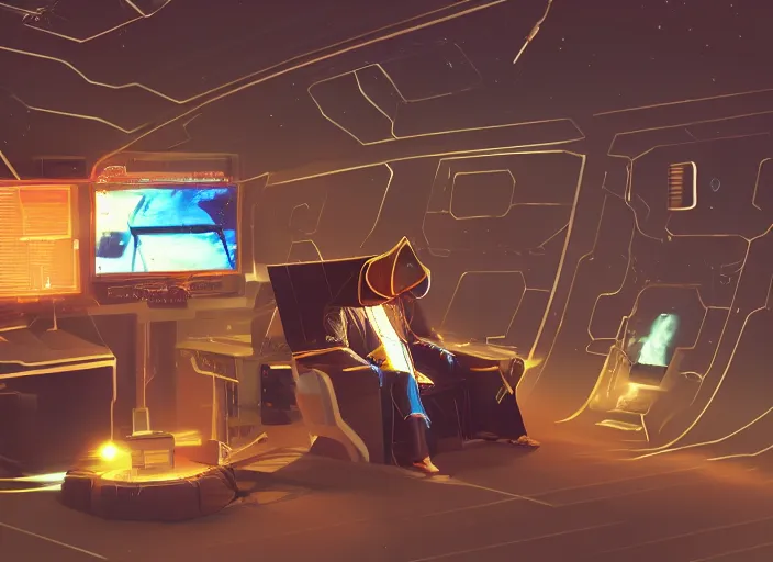 Image similar to a man sitting on a chair with things attached to his head, screens in front of him playing videos, ship interior, futuristic, scifi, concept art, surreal