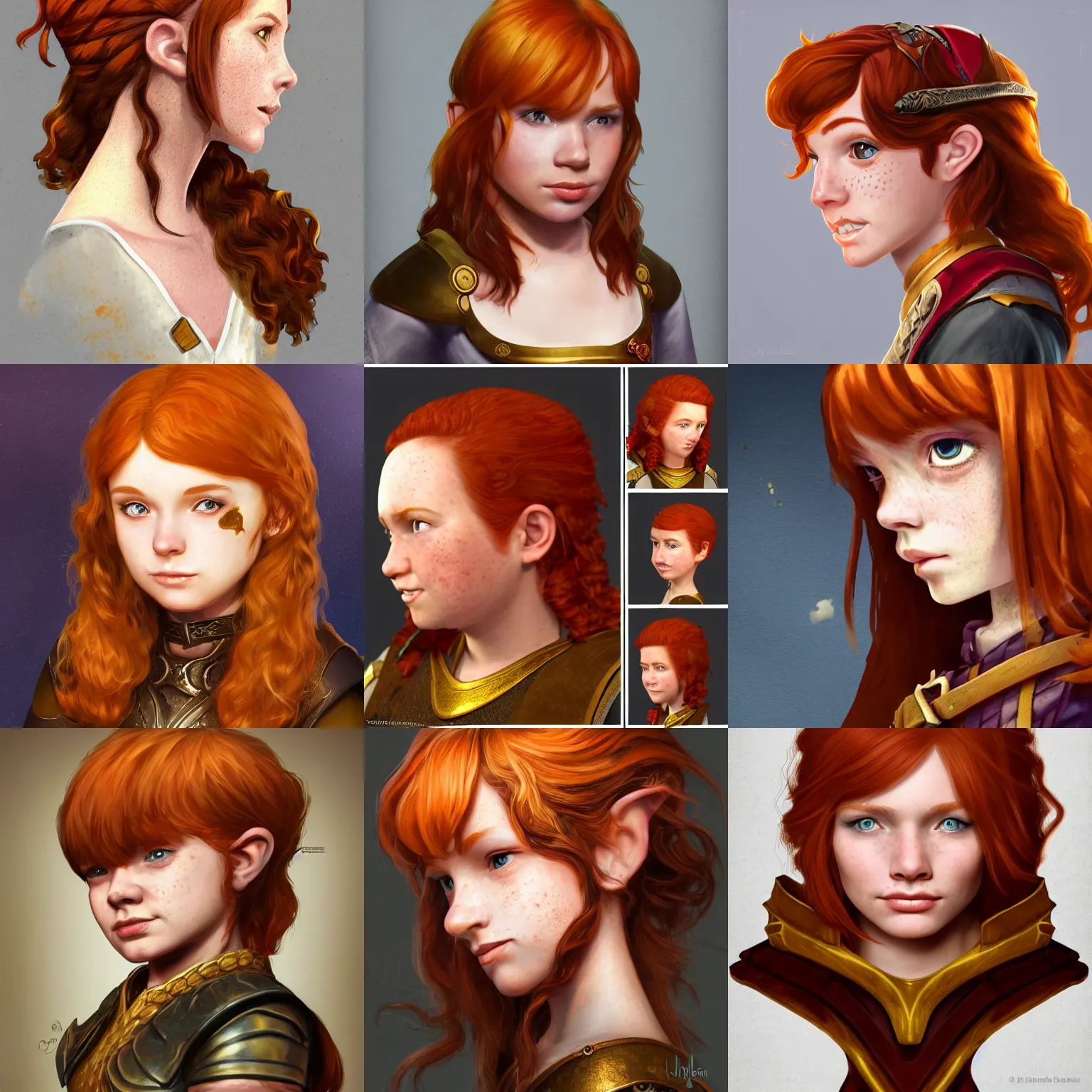 Prompt: a profile picture of a sweet redheaded halfling young woman with freckles like brass scales, wavy shoulder-length hair, gold eyes, headshot, dungeons and dragons, digital art, D&D, artstation