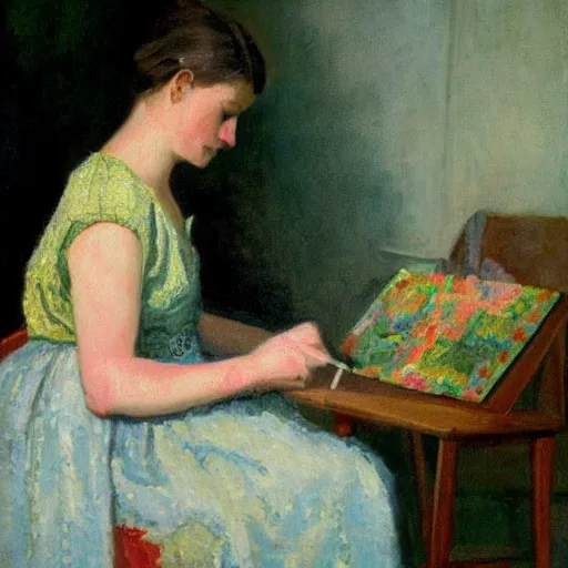 Prompt: painting young European woman crochetting