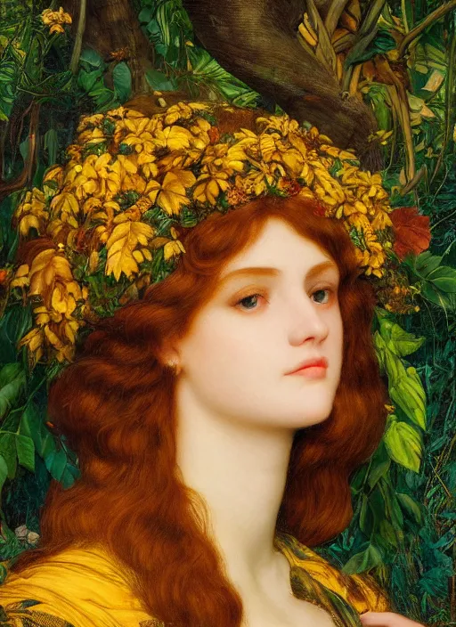 Image similar to masterpiece beautiful seductive flowing curves preraphaelite face portrait amongst leaves, extreme close up shot, straight bangs, thick set features, yellow ochre ornate medieval dress, magpie, amongst foliage mushroom forest circle arch framing, kilian eng and frederic leighton and rosetti, 4 k