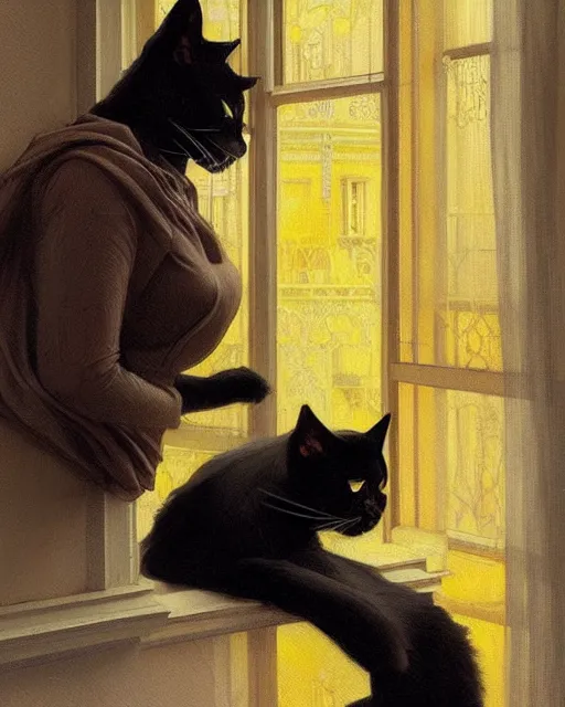 Image similar to Portrait of a giant black cat with yellow eyes looking at a sleeping blonde lady through a window in Lisbon, real life skin, intricate, elegant, highly detailed, artstation, concept art, smooth, sharp focus, art by artgerm and greg rutkowski and alphonse mucha