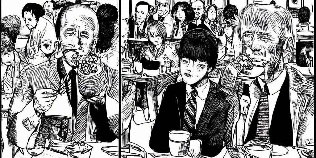 Prompt: “Joe Biden eatsall of the ice cream in the world” by Junji Ito